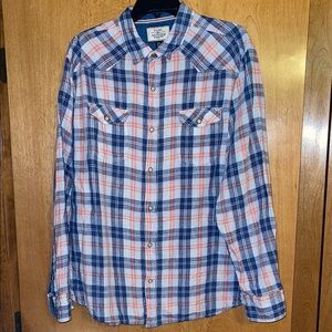 Plaid Button-Down Shirt in Blue and Peach